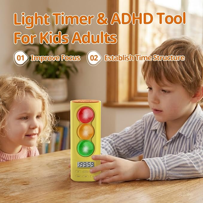 Traffic Light Visual Timer&ADHD Tool for Kids Adults Display Volume Adjustment, with 4 Ringtones for Classroom Desk Home Kitchen Game Countdown Pause Memory Function Charger Type C (Yellow)