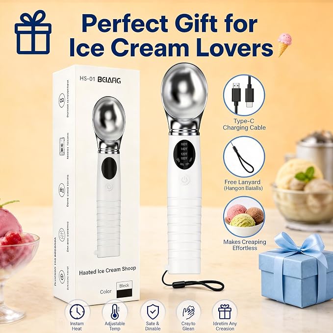 Heated Ice Cream Scoop Rechargeable, Electric Ice Cream Scooper with 4 Temp Modes & LED Display, Heats up to 160°F for Rock-Hard Ice Cream, IPX7 Waterproof Kitchen Gadget for Seniors & Kids (White)