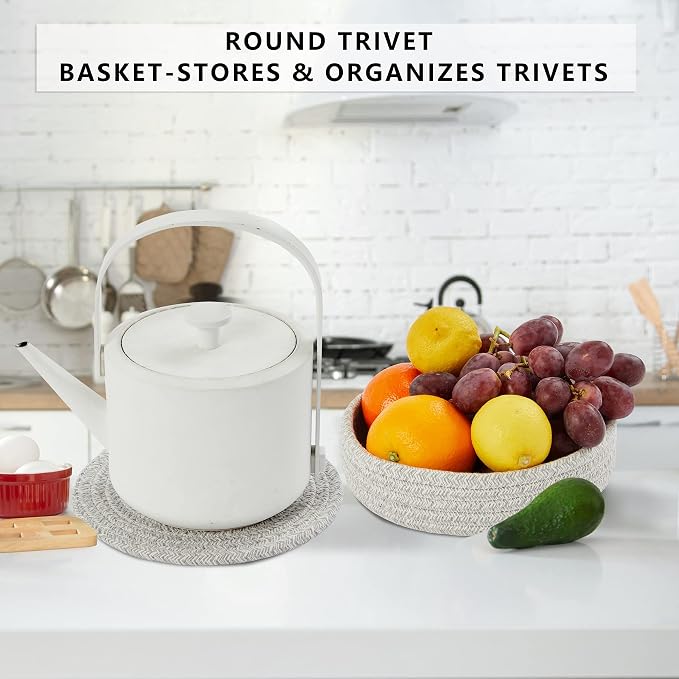 Coga Trivets for Hot Dishes, 5 Pack 7 Inch Cotton Hot Pads for Kitchen with Storage Basket, Round Pot Holders for Kitchen, Heat Resistant Mats for Countertop, Pots and Pans, Farmhouse Decor, Grey
