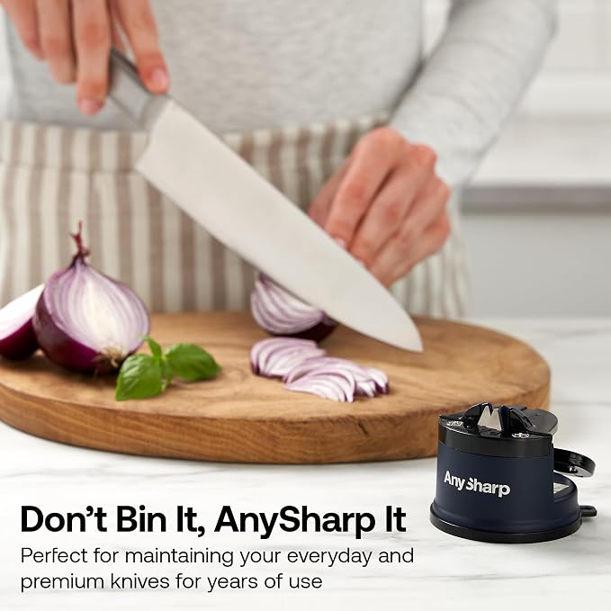 AnySharp – Editions – Hands Free Knife Sharpener - Easy to Use Sharpening Tool with PowerGrip Suction Base and 20-Degree Pre-Set Angle - for All Knives: Chef's, Serrated, and Hardened Steel - Navy
