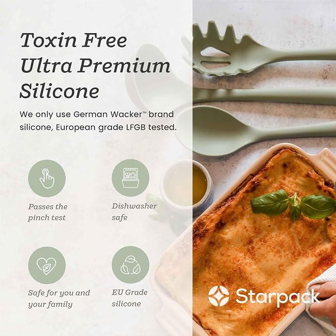 Starpack XL Premium Silicone Pasta Fork (13.5") - Spaghetti Spoon High Heat Resistant to 600°F - Silicone Pasta Spoon Strainer - Pasta Server Spoon with Teeth - Pasta Server Utensil