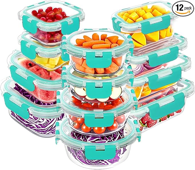 VERONES 12 Packs Glass Food Storage Containers Set with Lids, Green | Airtight Glass Lunch Containers, Glass Meal Prep Containers with Lids, for Microwave, Oven, Freezer & Dishwasher Friendly
