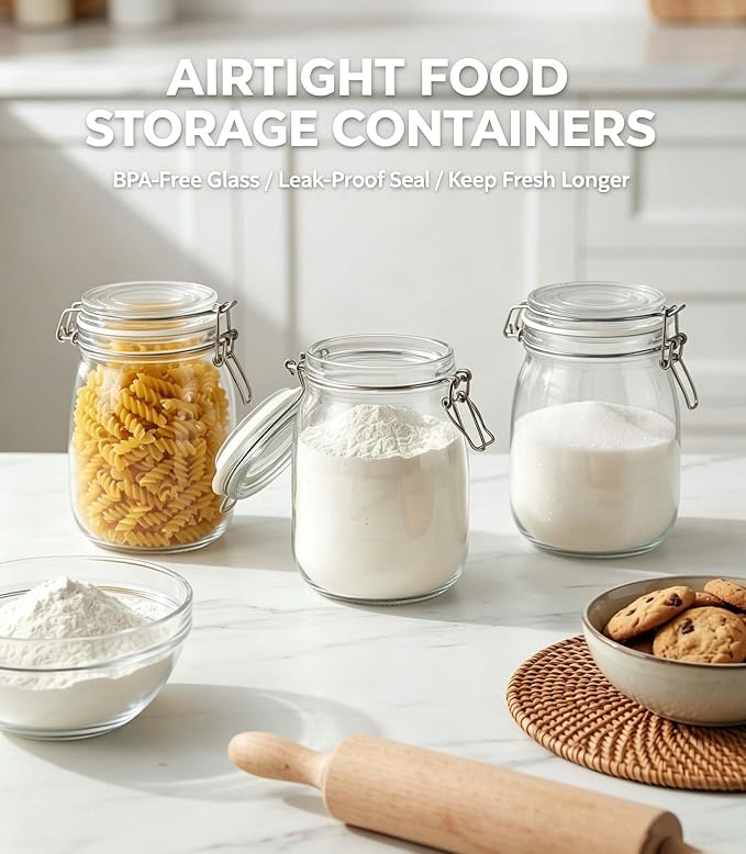 34 oz Glass Jars 4Pack with Airtight Lids,Wide Mouth Food Storage Canisters | Leakproof seal, moisture-proof pantry organization, heavy-duty borosilicate glass, ideal for flour, sugar, coffee, pasta