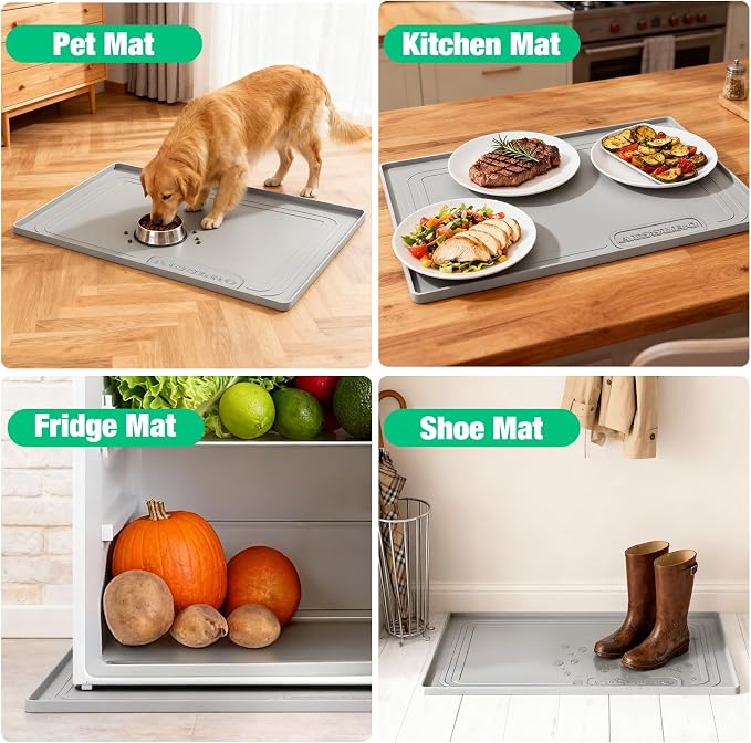 Under Sink Mat 25" X 19", Waterproof Silicone Cabinet Kitchen Liner, Gray | BPA-Free Raised-Edge Cabinet Protector & Leak Tray for Bathroom Cabinets, Boots, Pet Feeding Dog & Cat Mats, Dishwasher Safe