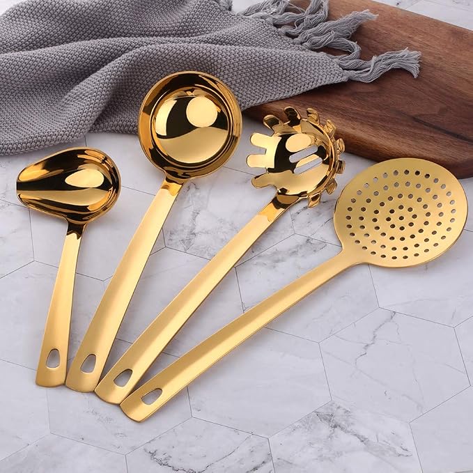 12 Pcs Cooking Utensil Set, Stainless Steel Gold Titanium Plated Cookware Sets with Public Fork/Spoon, Cake Shovels, Spatula, Ladles, Solid Spoon, Slotted Spoon, Pasta Server, Kitchen Tool Gadget