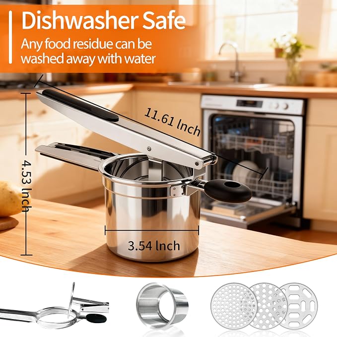Potato Ricer, Ricer for Mashed Potatoes, 3 Replaceable Discs Potato Masher Stainless Steel for thin/medium/thick Fluffy Mashed Potatoes, Heavy Duty Spaetzle Maker, Dishwasher Safe
