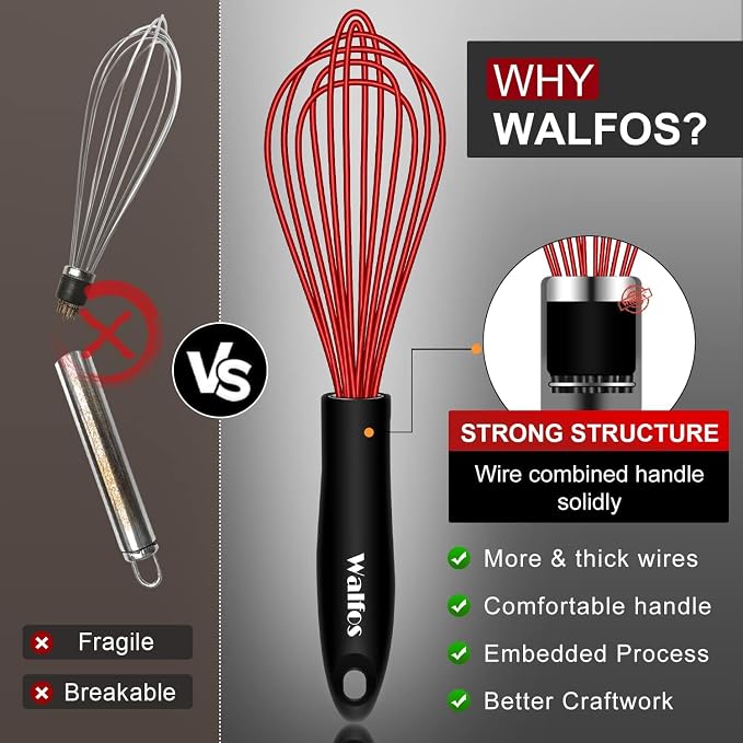 Walfos Whisk, Silicone Whisk Heat Resistant (480°F) Kitchen Whisks Set of 4- Professional Whisks For Cooking Non Scratch, Balloon Egg Wisk Perfect for Frothing, Blending, Beating