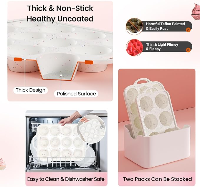 Silicone Muffin Pans for Baking 1 Pack, 2.8 Inch with Metal Reinforced Frame, Regular Size Nonstick Silicone Cupcake Pan 12 Cups for Baking Homemade Muffins, Cupcakes, Dishwasher Safe BPA Free