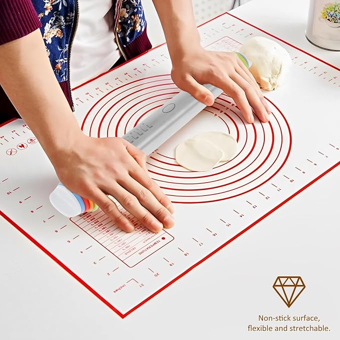 Rolling Pin and Silicone Baking Pastry Mat Set Stainless Steel Dough Roller with Adjustable Thickness Rings Nonstick Dough Roller Pin for Fondant Pizza Pie Cookies (1PC)