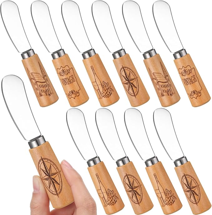 Sieral 10 Pcs Vintage Wine Cheese and Butter Spreader Knives Butter Spreader Knives Multipurpose Rustic Decor with Hand Painted Wooden Handle Stainless Steel Blade