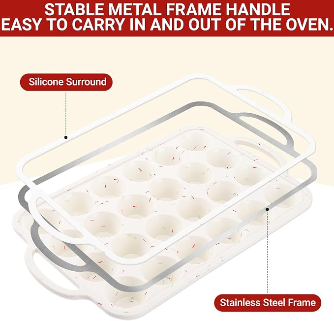 Silicone Mini Muffin Pans for Baking 24 Cup with Steel Frame Non-Stick, 2Pack Small Cupcake Pan, BPA Free Food Grade, Easy Release, Dishwasher Oven Freezer Microwave Safe for Muffin Tin Cake Pop Molds