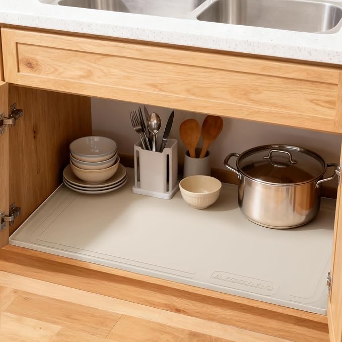 Under Sink Mat 34" X 22", Waterproof Silicone Cabinet Kitchen Liner, Beige | BPA-Free Raised-Edge Cabinet Protector & Leak Tray for Bathroom Cabinets, Boots, Pet Feeding Dog & Cat Mats, Dishwasher Safe