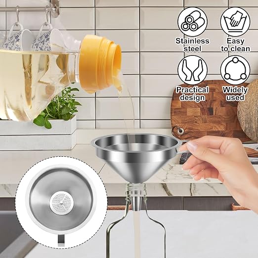 2027 Stainless Steel Filter Funnel,7 Pack Funnel Set | 4 Sizes 2.2-5.9 Inches Food Grade 304 Metal Kitchen Funnels with 3 Fine Mesh Strainers for Filling Bottles, Canning, Oil