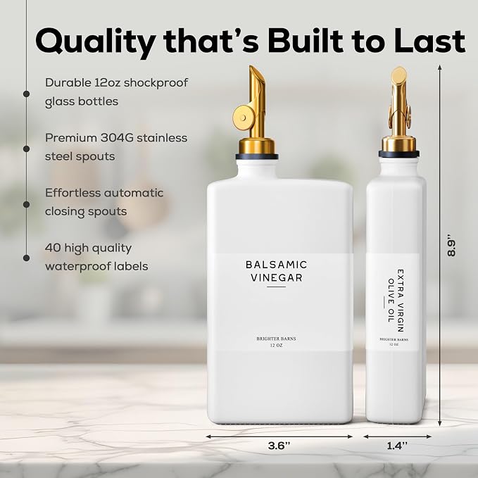 White Glass Olive Oil Dispenser Bottle for Kitchen by Brighter Barns - Avocado Oil Dispenser Set, Vanilla Syrup Bottle - Modern Decor, Gold Kitchen Accessories for Airbnb, Cafe (White/Gold, Set of 2)