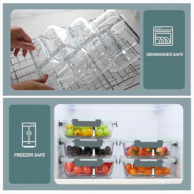 Glass Meal Prep Containers 3 Compartments, 5 Pack 36 oz | Glass Food Storage Containers with Lids, Airtight Lunch Bento Box, Portion Control, Freezer and Microwave Safe