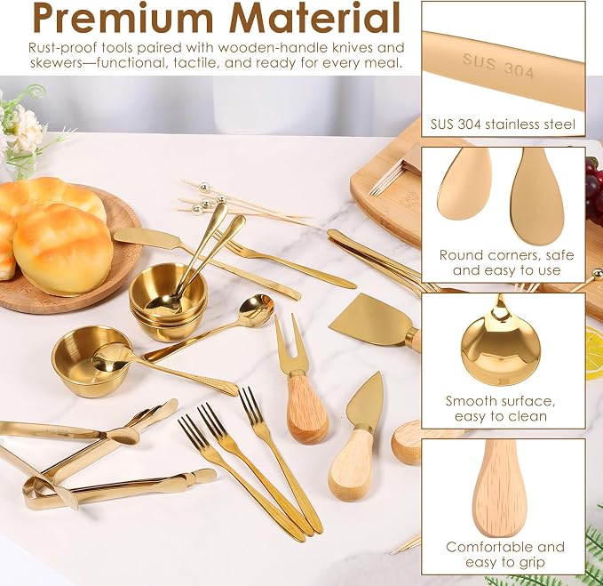 188Pcs Charcuterie Utensils Set,Charcuterie Boards Accessories Set Bulk,Mini Cheese Butter Spreader Knives Stainless Steel Cutlery Tongs Spoons Forks Bowls Wooden Toothpicks for Kitchen Wedding Party