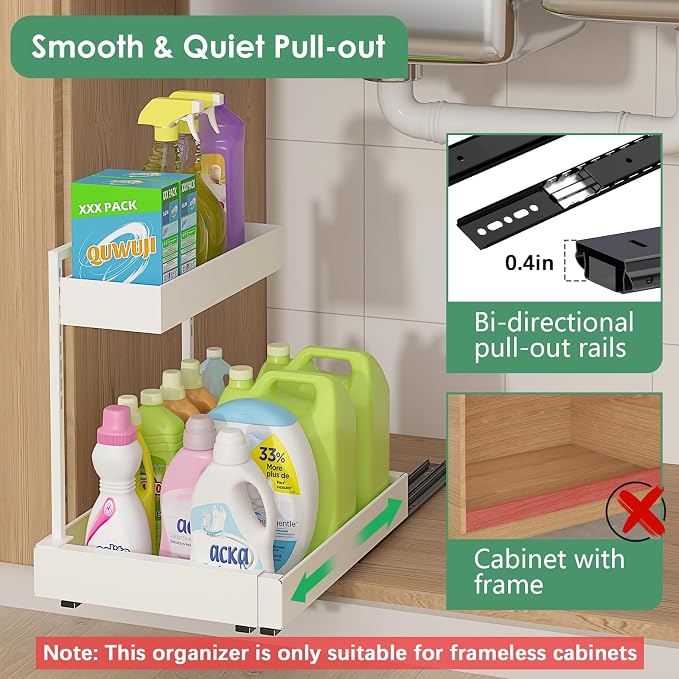 L-Shaped Under Sink Organizer with 6-Level Height Adjustment | Expandable Width, Pull-Out Cabinet Storage Rack with Quiet Sliding Rails for Kitchen, Bathroom, Laundry Room Cabinets, White