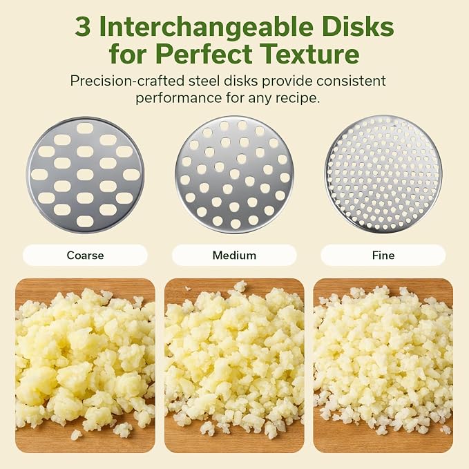 EVALAND Stainless Steel Potato Ricer and Masher - With 3 Interchangeable Disks, 15oz Heady Duty Ergonomic Potato Ricer For Mashed Potatoes Tool, Mash Potatoes Masher, Dishwasher Safe Spaetzle Maker