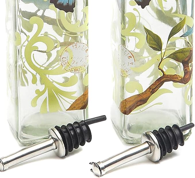CEDAR HOME Olive Oil Bottle Set Glass Dispenser Vinegar Cruet 17oz. with Stainless Steel Leak Proof Pourer Spout for Cooking or Salad