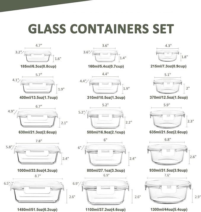 30 Pieces Glass Food Storage Containers Set, White | Glass Meal Prep Containers Set, Snap Locking Lids, Airtight Glass lunch Containers, Microwave, Oven, Freezer & Dishwasher