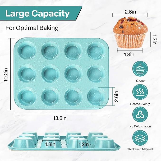 2-Pack Blue 12-Cup Non-Stick Muffin Pan | Healthy Baking | Easy Cleaning Muffin Tin | Durable & Versatile Muffin Cup | Perfect for Mini Cupcakes (Blue)