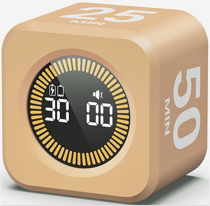 KADAMS Timer Pomodoro - Productivity Pomodoro Cube, 5/10/25/50 Min Countdown & Countup, Silent – for Work Study Workout Kitchen School Classroom Office ADHD Gift Kids (1, Light Mocha)
