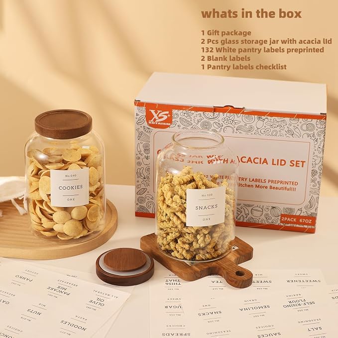 2 Pack Glass Food Storage Containers with Airtight Acacia Lids and 132 Kitchen Pantey Labels Preprint - 67 LF OZ Borosilicate Glass Canister Sets for Food,Coffee,Cookie,Tea,Candy,Sugar