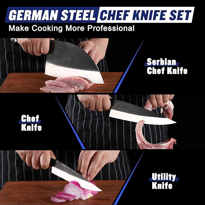 SSGP Butcher Knife Set of 3- Japanese Knife Set for Meat Cutting, Hand Forged Viking Knives Sets with Meat Cleaver, Heavy-Duty Kitchen Knives Sets for Bone BBQ Vegetable, Cooking Gifts for Men Dad
