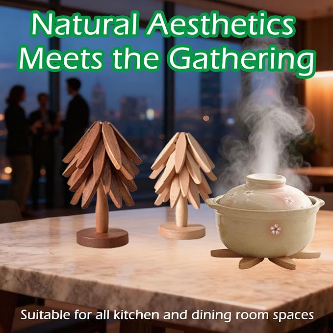 Premium Wooden Trivets Set of 4 - Auto Unfold Tree Design Hot Pot Holders & Countertop Protectors | Walnut Wood