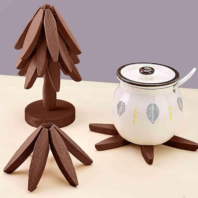 Wooden Cup Coaster Set，Tree Shape Trivet Set,Tree Coasters- 4 Wooden Trivets + 1 Stand stored for hot Dish/Pot/Bowl/teapot/hot Pot Set