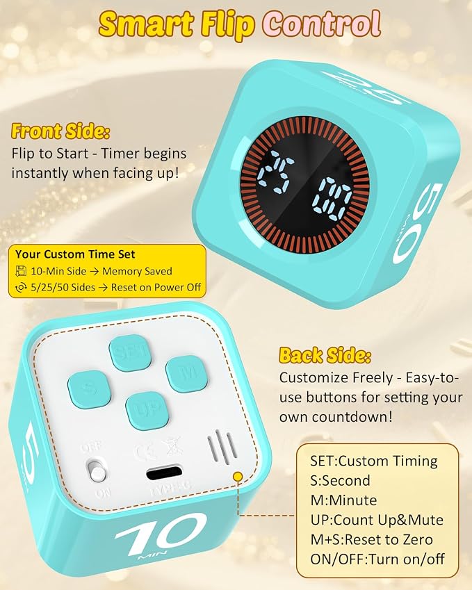 Digital Pomodoro Timer Cube 5/10/25/50min, Visual Productivity Flip Timer for Kids Classroom Desk, Custom Countdown, Silent and Sound Mode for ADHD Study Work Game Kitchen (Mint Green)