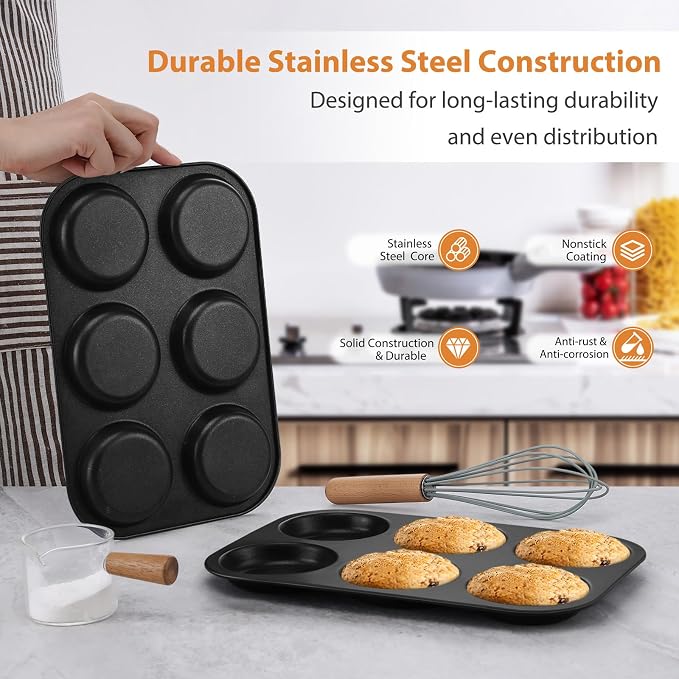 E-far Muffin Top Pan Set of 2, Nonstick 6-Cavity Shallow Cupcake Pan for Baking Whoopie Pie, Yorkshire Pudding, Eggs, Cornbread, Drop Cookies, Easy Release & Clean, 3-Inch Standard Size