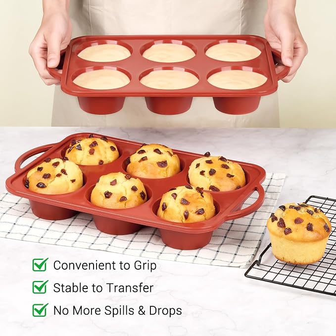 JOERSH Jumbo Muffin Pan with Metal Frame, 6 Cup Large Cupcake Mold with Handles, Non-Stick Silicone Baking Tray for Jumbo Muffin, Cupcake, Egg Bite