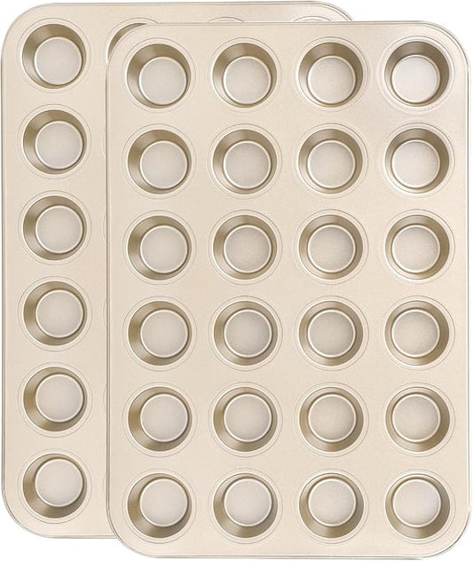 Beasea Nonstick Mini Muffin Pan 24 Cups, 2 Pack 24 Mini Small Tiny Cup Non Stick Muffin Baking Pan Tin Tray Carbon Steel Bakeware Individual Cupcake Baking Pan - Gold