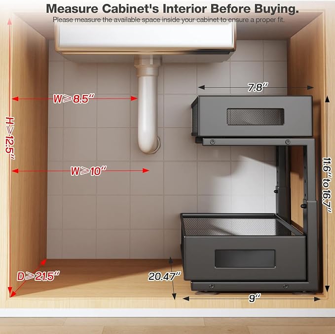 2 Packs 21IN Depth Under Sink Organizer, 2-Tier Pull Out Cabinet Organizer With Smooth Circular Rail, Large Capacity Metal Mesh Sliding Drawers For Bathroom& Kitchen Storage,Height Adjustable-Black