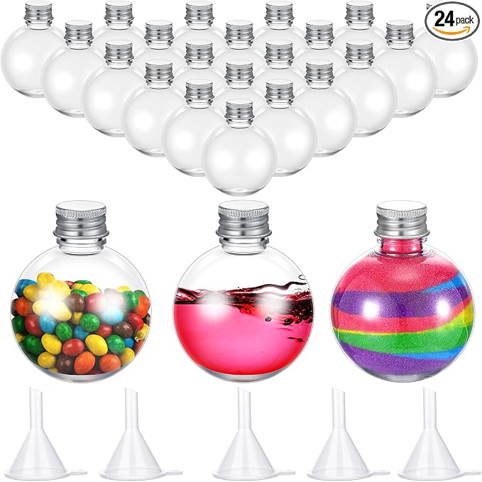 Layhit 24 Pcs Spherical Plastic Potion Bottles Ball Shape Round Bottles 3.4 oz Sand Art Jar with 5 Funnels Decorative ‌container Candy Jar for Valentines Birthday DIY Crafts(Silver,Aluminum Lid)