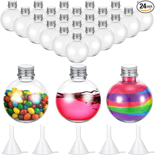 Layhit 24 Pcs Spherical Plastic Potion Bottles Ball Shape Round Bottles 3.4 oz Sand Art Jar with 5 Funnels Decorative ‌container Candy Jar for Valentines Birthday DIY Crafts(Silver,Aluminum Lid)