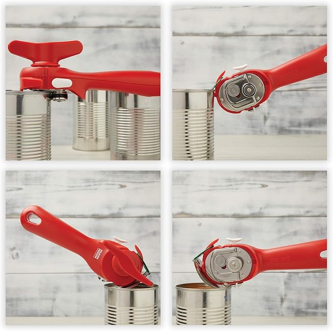 Kuhn Rikon Auto Safety LidLifter Can Opener with Ring-Pull Tool – Smooth-Edge Side-Cut Design for Safe, Touch-Free Lid Removal – Easy-Turn Handle, Swiss Engineered, Red