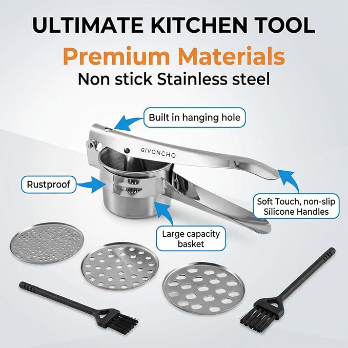 Stainless Steel Potato Ricer, Heavy Duty Potato Press & Masher with 3 Interchangeable Discs, Ergonomic Handle, Dishwasher Safe for Mashed Potatoes, Vegetables & Baby Food