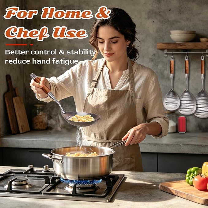 MARTE Skimmer Slotted Spoon Set of 4 - Kitchen Pasta Strainer Spoon - Spider Strainer Skimmer Ladle Spoon with Holder for Cooking and Frying Food, Spaghetti, Vegetable, Dumpling - 14.8In,16.5In,17In
