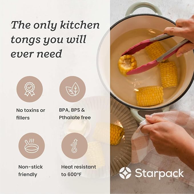 Starpack Get a Grip Silicone Kitchen Tongs (9 Inch) - LFGB Non Toxic, 600°F Heat Resistant, BPA-Free - Heavy-Duty Stainless Steel, Locking - Dishwasher Safe for Nonstick Cookware Earthy Pink