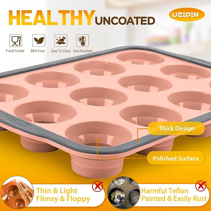 Silicone Muffin Pan, 12 Cups Non-Stick Cupcake Pan, Food-Grade BPA-Free Muffin Tin, Oven-Safe 450 °F, Reinforced Steel Frame, Easy-Grab Handles, Quick-Release 2.3" Baking Molds for Mini Treats