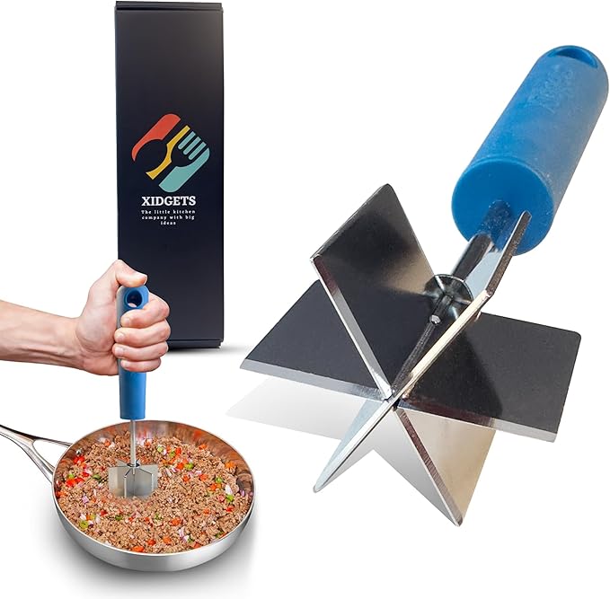 Stainless Steel Meat Chopper, Masher & Cocktail Muddler | Dishwasher Safe | 6-Blade Chopper Tool | Oversized Soft Grip Handle | Heat Resistant Grip | 9" (Lagoon Blue)