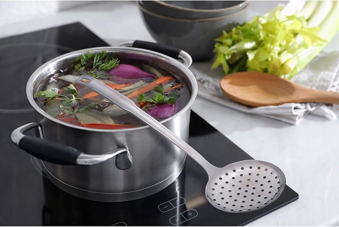 HIC Kitchen Perforated Spoon Style Skimmer with Long Handle, 18/8 Stainless Steel