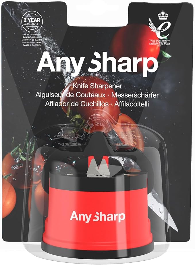 AnySharp – Global – Hands Free Knife Sharpener - Easy to Use Sharpening Tool with PowerGrip Suction Base and 20-Degree Pre-Set Angle - for All Knives: Chef's, Serrated, and Hardened Steel - Red