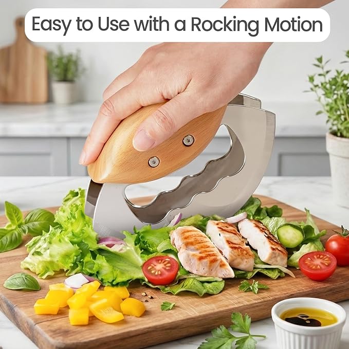 Salad Chopper Tools with Protective Cover, Sharp Mezzaluna Chopping Knife, Double Blade, Stainless Steel Rocker Knife for Salad, Handheld Vegetable Mincing, Father day gifts