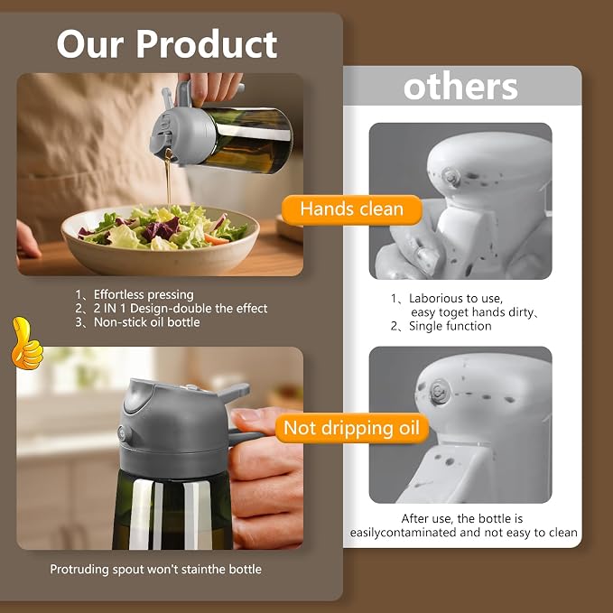 SWEET VIEW 2PCS Olive Oil Dispenser and Oil Sprayer | 16oz/470ml Glass Light-Proof Oil Pourer for Kitchen Air Fryer, Cooking, Salad, and BBQ, with Stickers