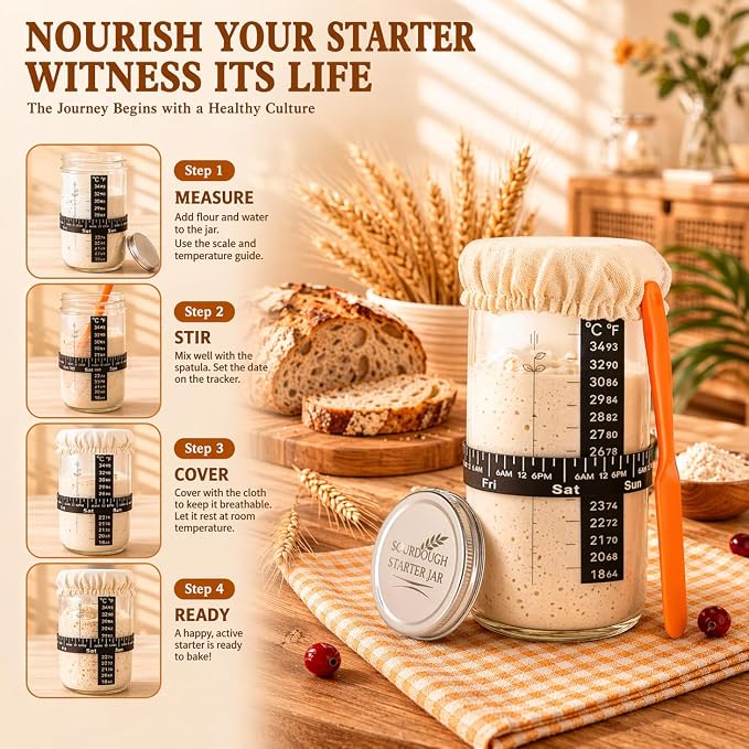 Sourdough Starter Kit, Bread Baking Supplies with Round & Oval Banneton Proofing Baskets, Starter Jar, Bread Sling, Dough Whisk, Scrapers, Stencils, Cooling Rack & Bag