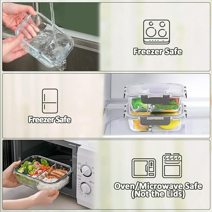 M MCIRCO 5 Pack,36 oz, 2 Compartments Glass Meal Prep Containers with Lids | Divided Glass Food Storage Containers, Portion Control Lunch Containers, Microwave, Oven, Freezer, Dishwasher, 4.5 Cups, Gray