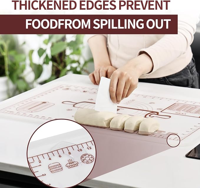 Silicone Baking Mat 16"L x 24"W, Extra Thick Dough Rolling Pad with Measurements and Edge Heightening, Non-stick Food Grade Silicone Pastry Mat for Pastry, Bread, Cookies (Transparent)